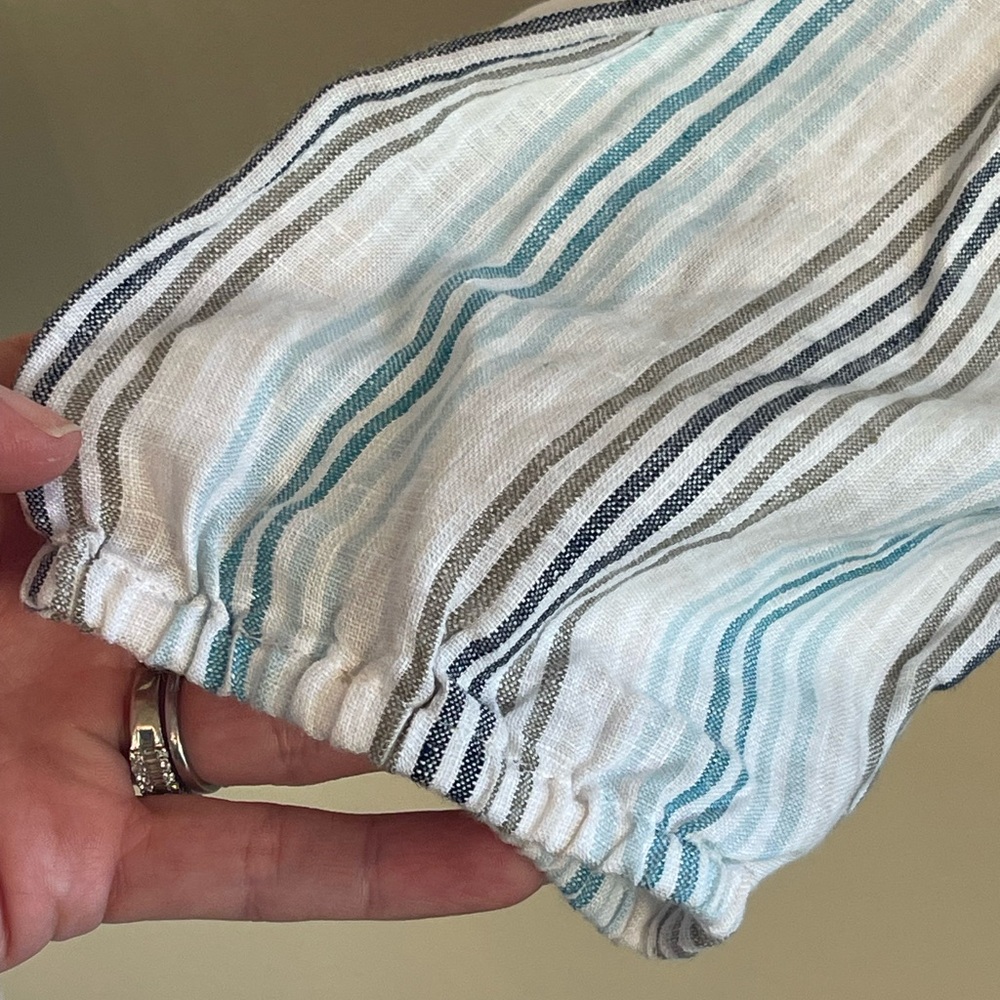 J Jill Love Linen Top L Petit Blue Stripe Embroidery Peasant Blouse Coastal Boho - Picture 10 of 14